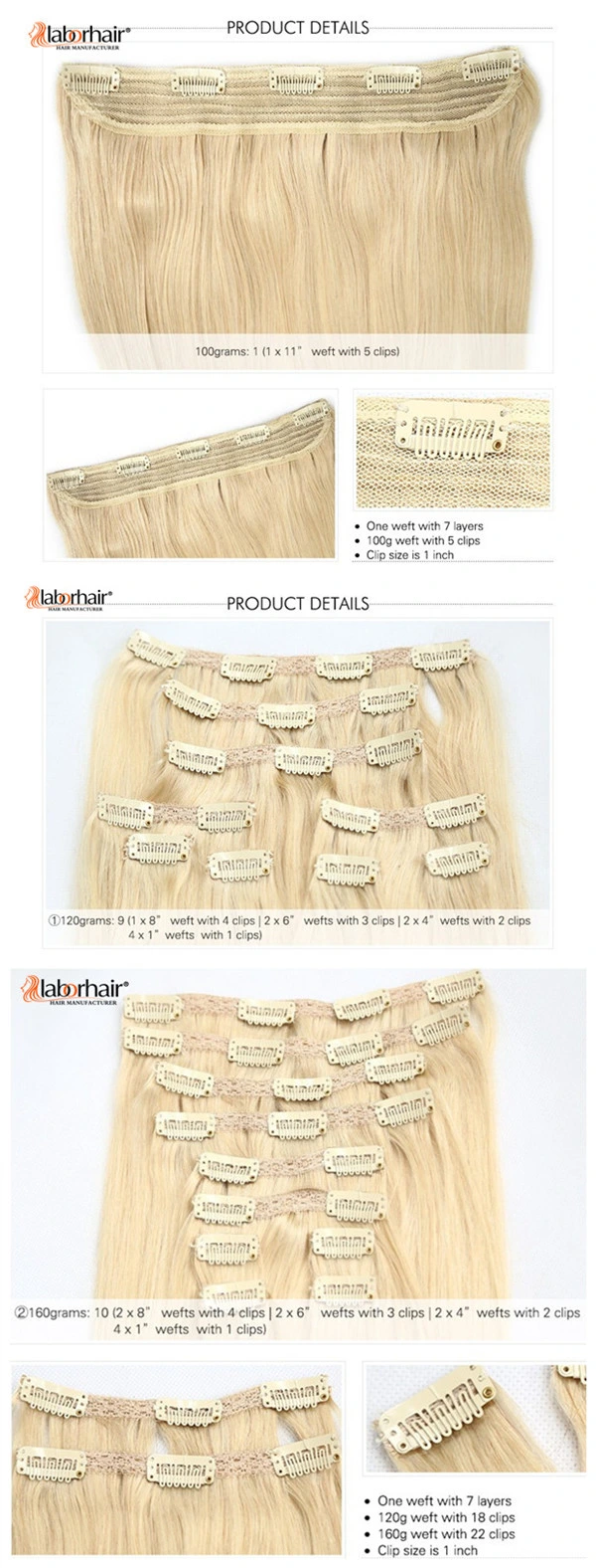 Free Sample Wholesale Price 100% Blonde Human Hair Extensions with Clips