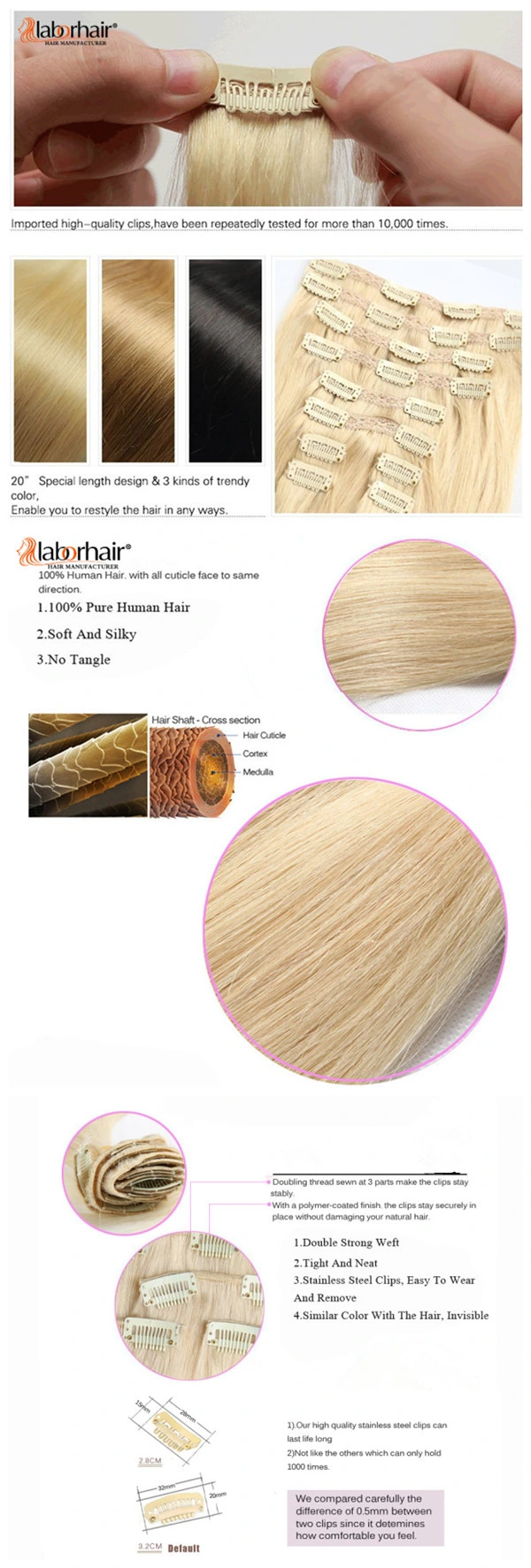 Free Sample Wholesale Price 100% Blonde Human Hair Extensions with Clips